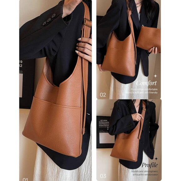 Soft Slouchy Hobo Handbag – Vegan Leather Tote with Detachable Pouch, Fall Style - Picture 2 of 7